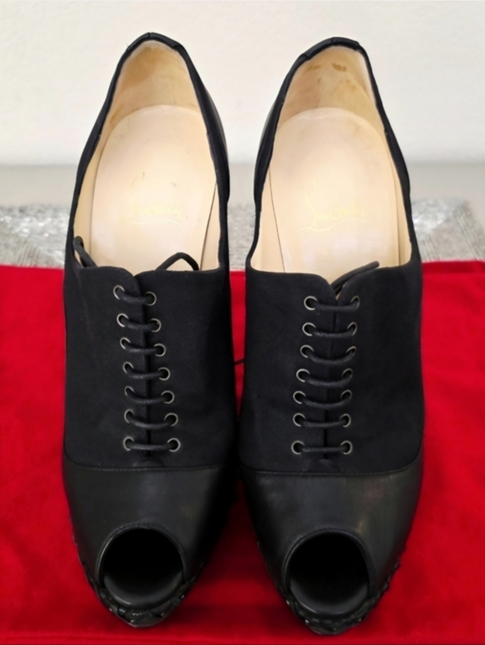 Christian Louboutin Black Leather lace up Peep-toe Ankle Booties EU 38.5 / US 8 - Picture 5 of 10